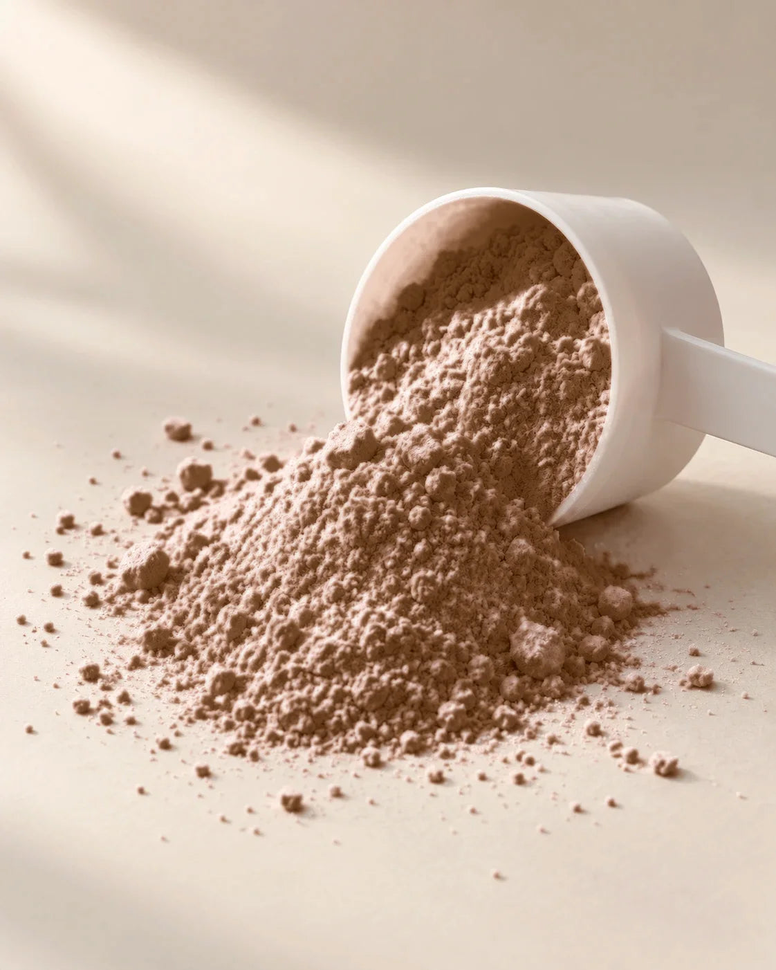 Chocolate protein powder spilling from a scoop