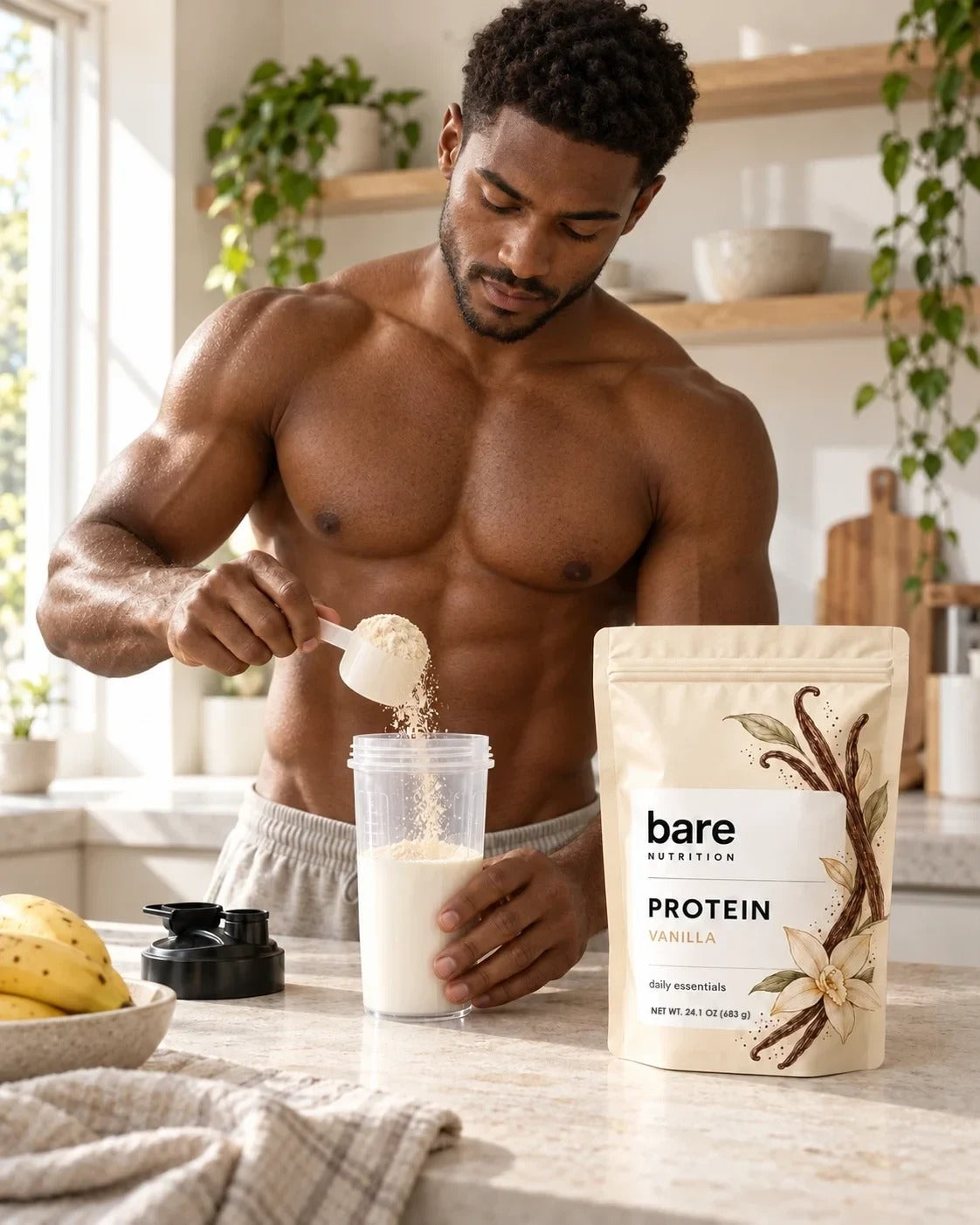 Man pouring vanilla protein into a shaker next to a bare Protein Vanilla pouch